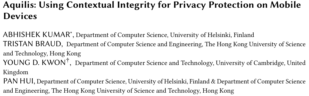 Cover image for Aquilis: Using Contextual Integrity for Privacy Protection on Mobile Devices