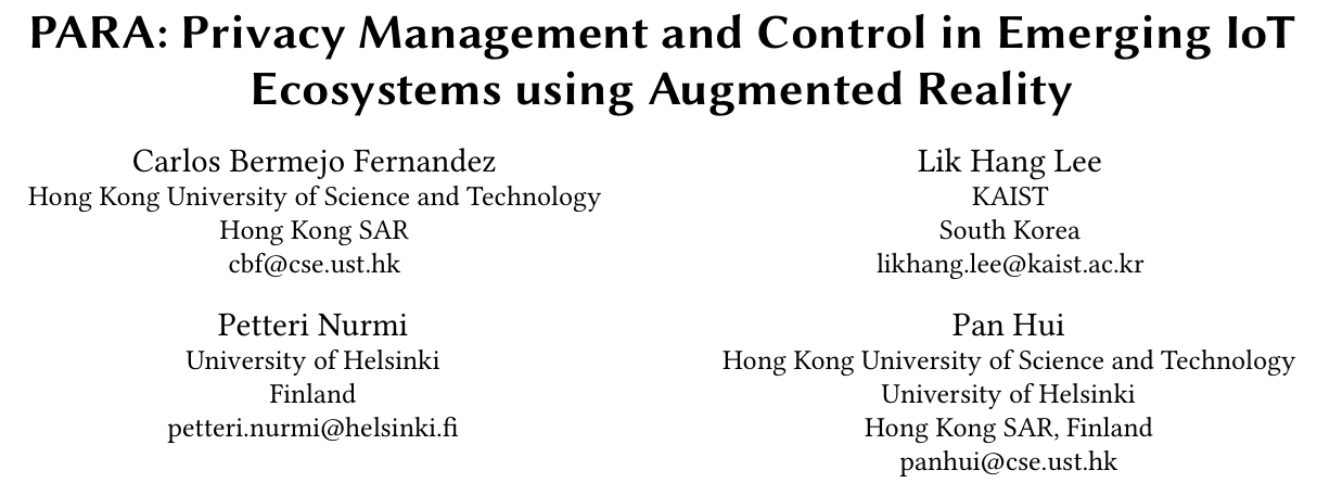 Cover image for PARA: Privacy Management and Control in Emerging IoT Ecosystems using Augmented Reality