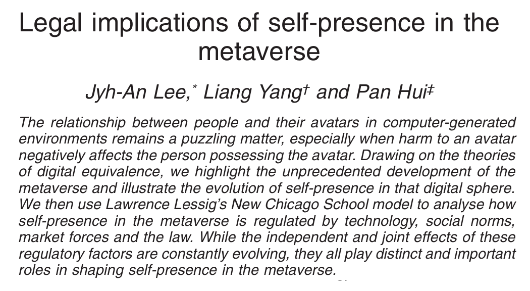 Cover image for Legal Implications of Self-presence in the Metaverse