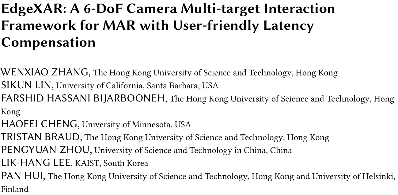 Cover image for EdgeXAR: A 6-DoF Camera Multi-target Interaction Framework for MAR with User-friendly Latency Compensation